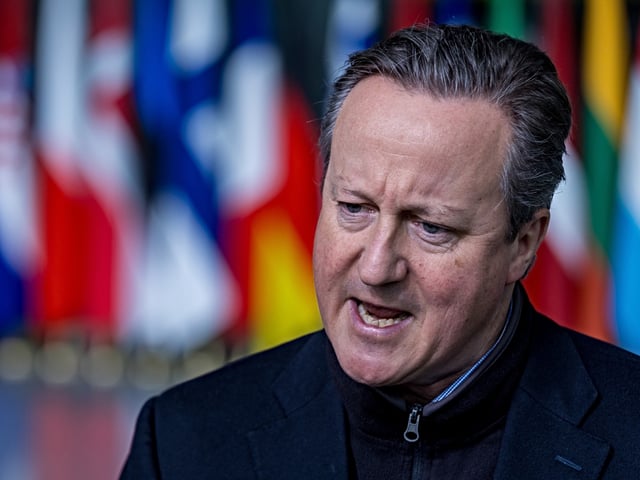 BRUSSELS, BELGIUM - APRIL 03: Britain's Foreign Secretary David Cameron speaks to the press after his arrival at NATO headquarters on the first day of the NATO Foreign Ministers' meeting on April 03, 2024 in Brussels, Belgium. The meeting of foreign ministers from NATO countries coincided with the 75th anniversary of the alliance's founding. (Photo by Omar Havana/Getty Images)