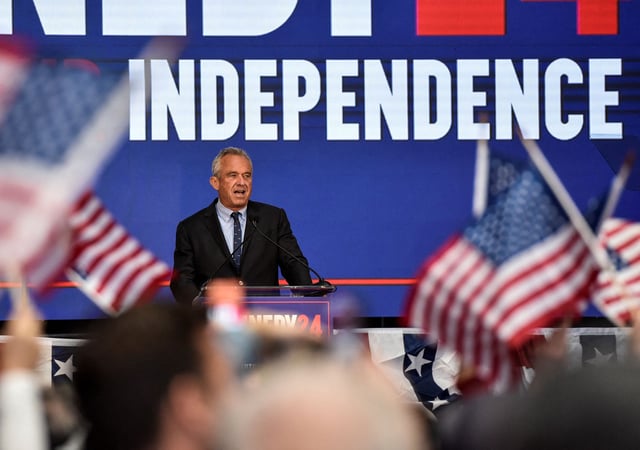 Independent presidential candidate Robert F. Kennedy, Jr. speaks in Oakland, California, on March 26, 2024, as he announces Nicole Shanahan as his vice presidential pick.
