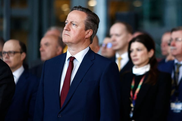 Britain's Secretary for Foreign Affairs David Cameron listen on during speeches marking the alliance's 75th anniversary at the NATO Headquarters in Brussels on April 4, 2024. The NATO military alliance on April 4, 2024, marks the 75th anniversary of the signing of its founding treaty in Washington. (Photo by KENZO TRIBOUILLARD / AFP) (Photo by KENZO TRIBOUILLARD/AFP via Getty Images)