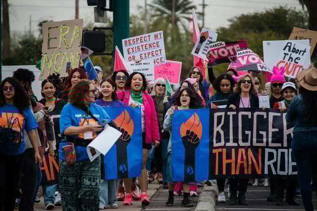 Demonstrators during a Women's March rally in Phoenix, Arizona, US, on Saturday, Jan. 20, 2024. The annual march is taking place ahead of the anniversary of the US Supreme Court's Roe v. Wade ruling enshrining a women's right to abortion, which was overturned in 2022.