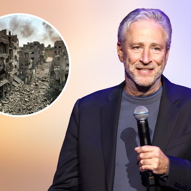 Main: Jon Stewart performs during the 17th Annual Stand Up For Heroes Benefit on November 06, 2023 in New York City. Inset: An aerial view of buildings destroyed by Israeli air strikes in the Jabalia camp for Palestinian refugees in Gaza City on October 11, 2023. Stewart criticized both Israel and the Biden administration's handling of the Israel-Hamas war during Monday's installment of "The Daily Show."