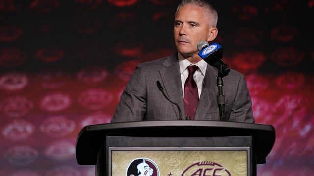 Florida State head coach Mike Norvell participates during the Atlantic Coast Conference NCAA college football media days Wednesday, July 26, 2023, in Charlotte, N.C. (AP Photo/Erik Verduzco)