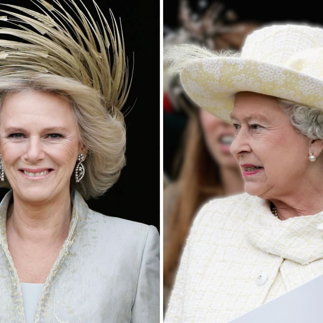 Queen Camilla (L) and Queen Elizabeth II (R) photographed on the day of the royal wedding at St George's Chapel, Windsor, April 9, 2005. Elizabeth's choice of outfit sparked speculation for appearing to break with established wedding etiquette.