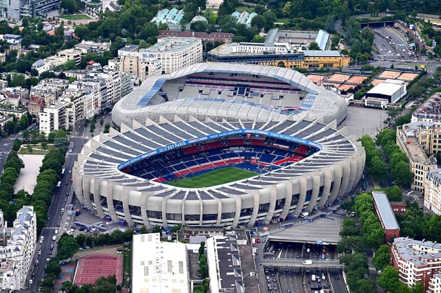 This aerial photograph taken on July 11, 2023, onboard a helicopter of the French army shows a view of the Parc des Princes Stadium (Bottom) and the Jean Bouin Stadium (Top) in Paris. (Photo by Emmanuel DUNAND / AFP) (Photo by EMMANUEL DUNAND/AFP via Getty Images)
