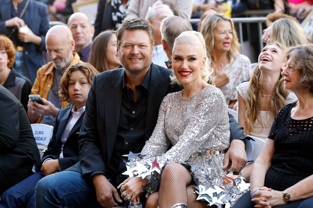 Apollo Rossdale, Blake Shelton and Gwen Stefani at Stefani's Hollywood Walk of Fame Star Ceremony on Oct. 19, 2023.