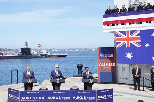 (From left) Australia’s Prime Minister Anthony Albanese, US President Joe Biden, and UK’s Prime Minister Rishi Sunak hold a joint press conference on the procurement of nuclear-powered submarines under Aukus. Photo: dpa