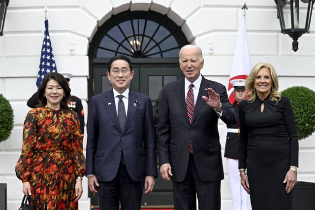 From left, Yuko Kishida, Fumio Kishida, Joe Biden and Jill Biden at the South Portico of the White House, on April 9, 2024. 