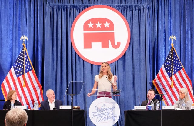 Lara Trump speaks at the Republican National Committee spring meeting on March 8, in Houston.