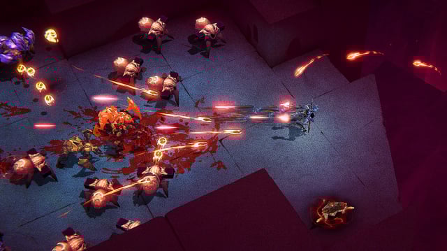 Screenshot of an isometic shooter videogame featuring a knight shooting bullets at hordes of monsters
