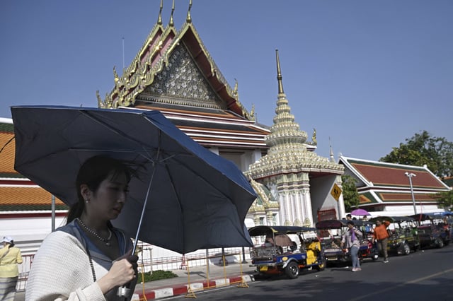 TOPSHOT - Tourists shield themselves from the sun with umbrellas to combat the heat outside of Wat Pho Buddhist temple in Bangkok on April 1, 2024. (Photo by Lillian SUWANRUMPHA / AFP) (Photo by LILLIAN SUWANRUMPHA/AFP via Getty Images)