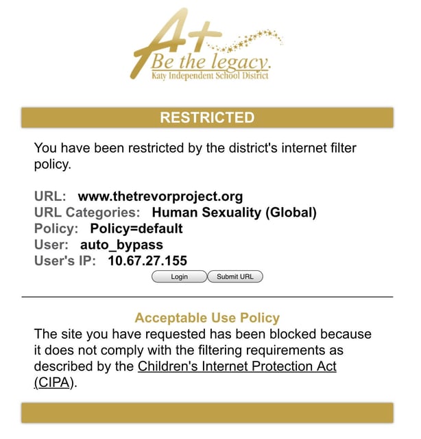 Cameron Samuels was blocked by Katy Independent School District’s internet filter from visiting The Trevor Project.