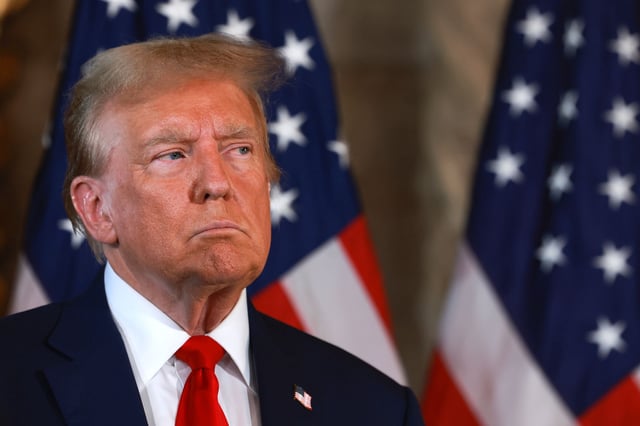 Republican presidential candidate former President Donald Trump during a joint press conference with Speaker of the House Mike Johnson (R-LA) at Mr. Trump's Mar-a-Lago estate on April 12, 2024, in Palm Beach, Florida. They spoke about "election integrity," which has been one of the former president's top issues.
