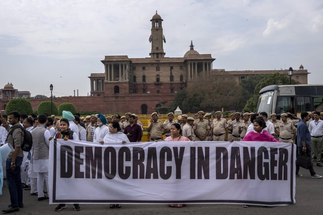 Lawmakers from India's opposition parties protest against the government of Prime Minister Narendra Modi outside the parliament in New Delhi, India, March 24, 2023. (AP Photo/Altaf Qadri, file)