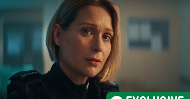 Sian Brooke as Grace Ellis in Blue Lights. She is staring into the camera looking wearied. There is an RT Exclusive label in the bottom corner.