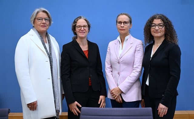 15 April 2024, Berlin: Claudia Wiesemann (l-r), medical ethicist, Friederike Wapler, legal scholar, Frauke Brosius-Gersdorf, lawyer and Liane Wâârner, lawyer, present the final report of the Commission on Reproductive Self-Determination and Reproductive Medicine. Photo: Britta Pedersen/dpa (Photo by Britta Pedersen/picture alliance via Getty Images)