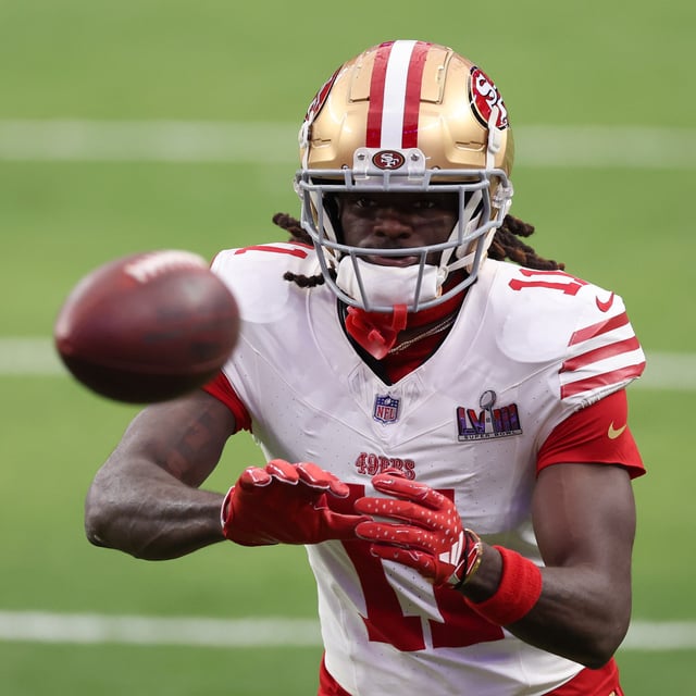 Brandon Aiyuk #11 of the San Francisco 49ers warms up prior to Super Bowl LVIII against the Kansas City Chiefs at Allegiant Stadium on February 11, 2024 in Las Vegas, Nevada. Aiyuk reportedly did not request a trade.