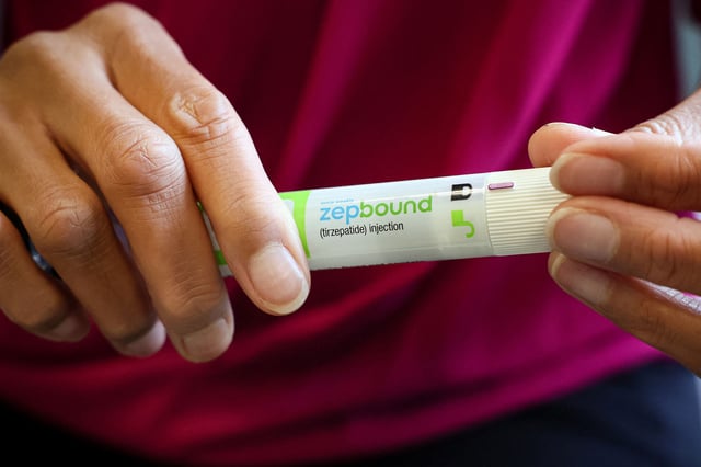 An injection pen of Zepbound is displayed in New York City in December 2023.