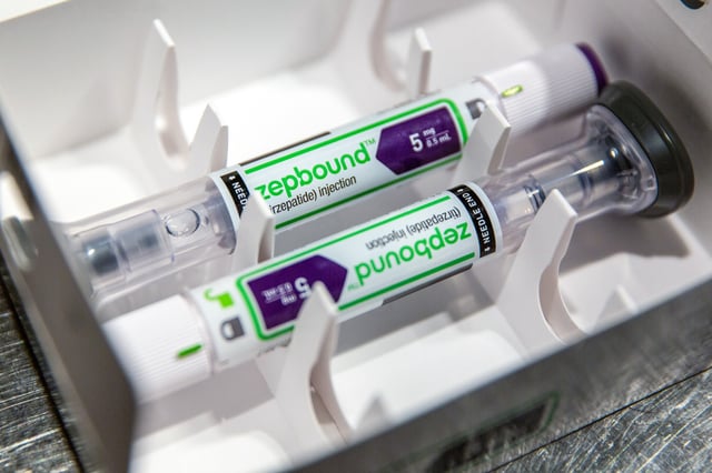 An Eli Lilly & Co. Zepbound injection pen on March 28, 2024.