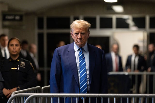 NEW YORK, NEW YORK - APRIL 16: Former U.S. President Donald Trump talks to reporters at the conclusion of the second day of jury selection for his criminal trial at Manhattan Criminal Court on April 16, 2024 in New York City. Six jurors were officially impaneled by Justice Juan Merchan on the second day of the criminal trial of former President Trump, who faces 34 felony counts of falsifying business records in the first of his criminal cases to go to trial. This is the first-ever criminal trial against a former president of the United States. (Photo by Justin Lane-Pool/Getty Images)