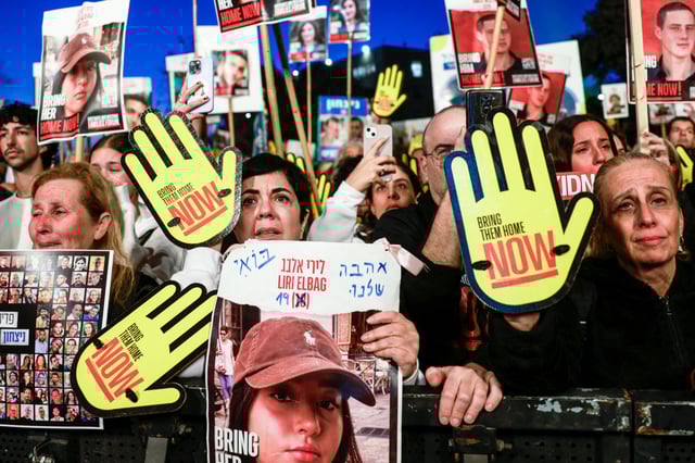 Relatives and supporters of Israeli hostages held in Gaza protest in front of the Israeli parliament in Jerusalem on April 7, 2024.