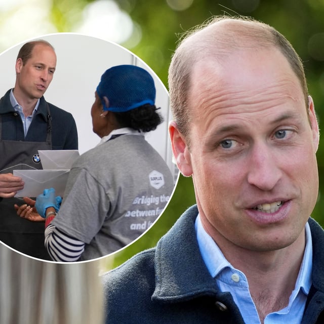 The Prince of Wales photographed during a visit to Surplus to Supper, Sunbury-on-Thames, April 18, 2024. And (inset) with volunteer Rachel Candappa. The prince was given get-well-soon cards for Princess Kate and King Charles.