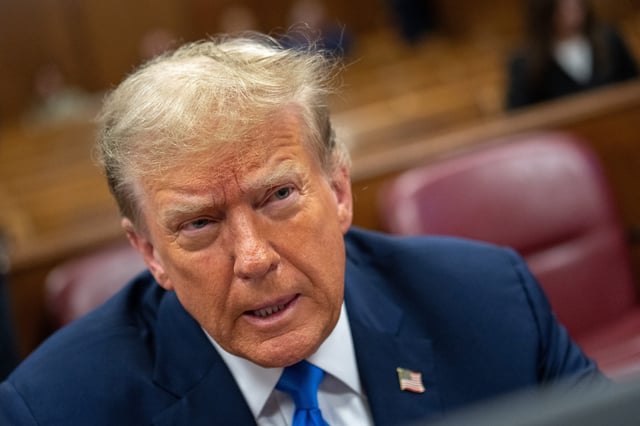 Former US President Donald Trump sits in the courtroom at Manhattan criminal court in New York, US, on Thursday, April 18, 2024. Former US President Donald Trump faces 34 felony counts of falsifying business records as part of an alleged scheme to silence claims of extramarital sexual encounters during his 2016 presidential campaign.