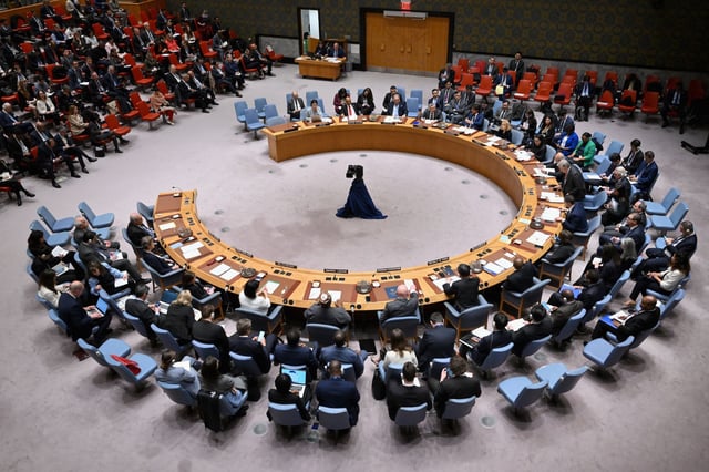 The United Nations Security Council meets on the situation in the Middle East, including the Palestinian question, at UN headquarters in New York City on April 18, 2024. UN Secretary-General Antonio Guterres on Thursday painted a dark picture of the situation in the Middle East, warning that spiraling tensions over the war in Gaza and Iran's attack on Israel could devolve into a "full-scale regional conflict." (Photo by ANGELA WEISS / AFP)