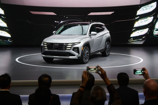The 2025 Hyundai Tucson sports utility vehicle  during a release event at the 2024 New York International Auto Show on March 27, 2024.