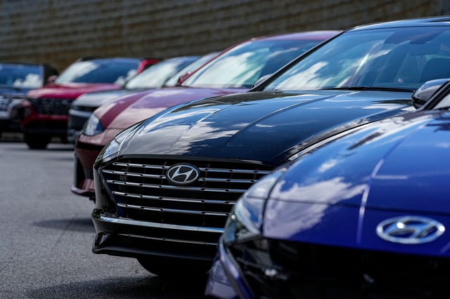 2024 Hyundai cars sit on a lot, Thursday, Aug. 17, 2023, in Kennesaw, Ga.. (AP Photo/Mike Stewart)