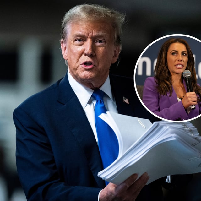 In the main image, former President Donald Trump speaks to reporters at Manhattan Criminal Court on April 18, 2024 in New York City. The smaller image shows Alyssa Farah Griffin, a former aide for Trump, at an event in in Washington, D.C. on February 24, 2024. On Thursday, Griffin said Trump has not been able to effectively campaign while in court.