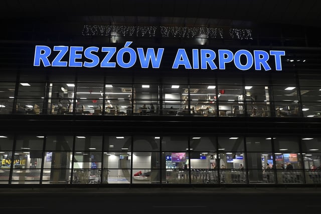 JASIONKA, POLAND - FEBRUARY 10: Night view of the Terminal building at the Rzeszow-Jasionka International Airport, in Jasionka, Poland, on February 10, 2023. In January, 57,500 passengers were checked in at the airport in Jasionka, which is a better result than the best result so far in January 2019. The largest number of passengers used Ryanair airline (27,000). (Photo by Artur Widak/NurPhoto via AP)