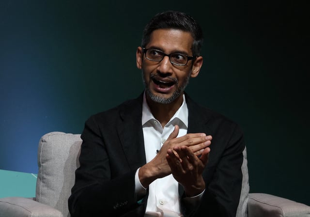 Alphabet CEO Sundar Pichai speaks during an event at Stanford University, California, on April 3, 2024. Photo: Getty Images via AFP