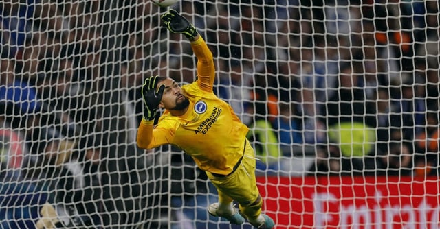 Soccer Football - FA Cup - Semi Final - Brighton & Hove Albion v Manchester United - Wembley Stadium, London, Britain - April 23, 2023 Brighton & Hove Albion's Robert Sanchez in action as Manchester United's Marcel Sabitzer scores a penalty in the shootout Action Images via Reuters/Andrew Couldridge/File Photo