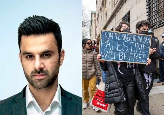 L: Yoseph Haddad (Twitter) R: Pro-Palestinian protesters at Columbia (Spencer Platt/Getty Images)