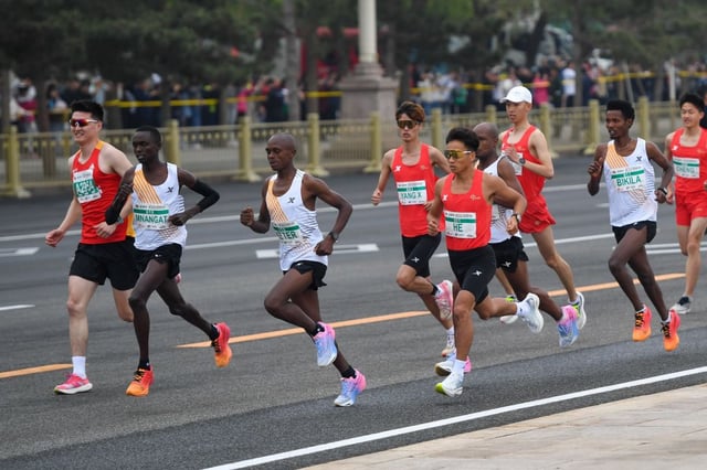 He Jie of China is seen here competing in the half-marathon in Beijing on April 14, 2024. 