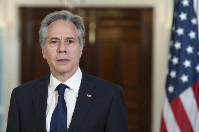 Secretary of State Antony Blinken speaks with reporters as he and New Zealand Deputy Prime Minister Winston Peters meet with reporters at the State Department in Washington, Thursday, April 11, 2024.