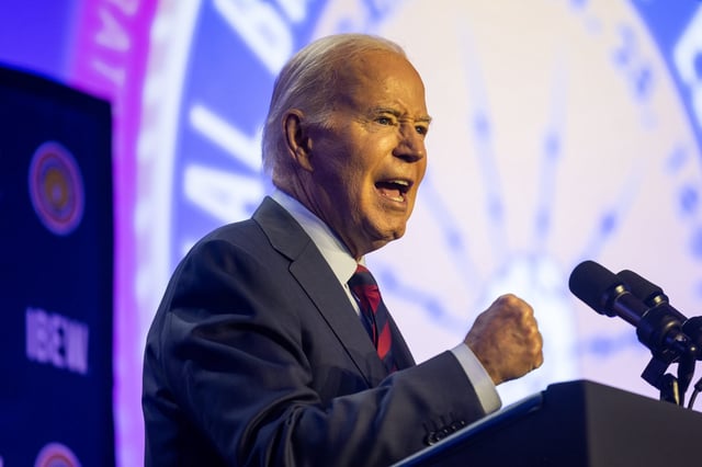 US President Joe Biden speaks at a conference of the International Brotherhood of Electrical Workers in Washington on Friday. The president seeks re-election this fall. Photo: EPA-EFE
