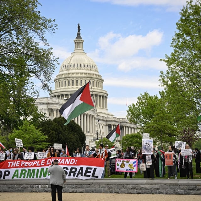 Pro-Palestinian demonstrators held a rally outside the U.S. Capitol building before the U.S. House of Representatives voted on a legislation providing $95 billion in security assistance to Ukraine, Israel and Taiwan, in Washington DC, United States on April 20, 2024. The House approved the aid package.