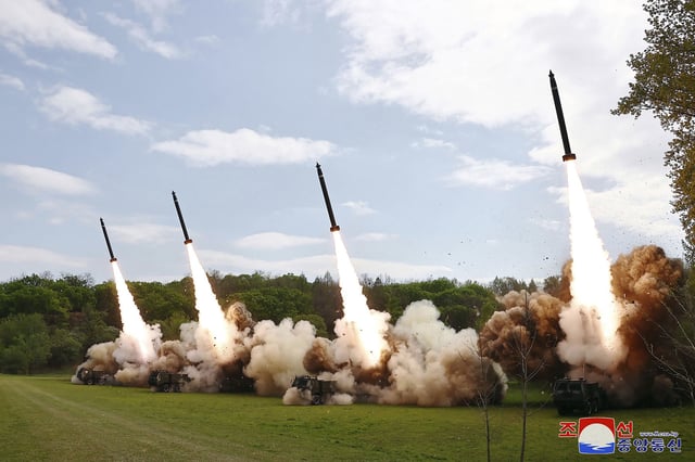 This photo provided by the North Korean government, shows what it says is rocket drills that simulate a nuclear counterattack against enemies, at an undisclosed place in North Korea Monday, April 22, 2024. Independent journalists were not given access to cover the event depicted in this image distributed by the North Korean government.