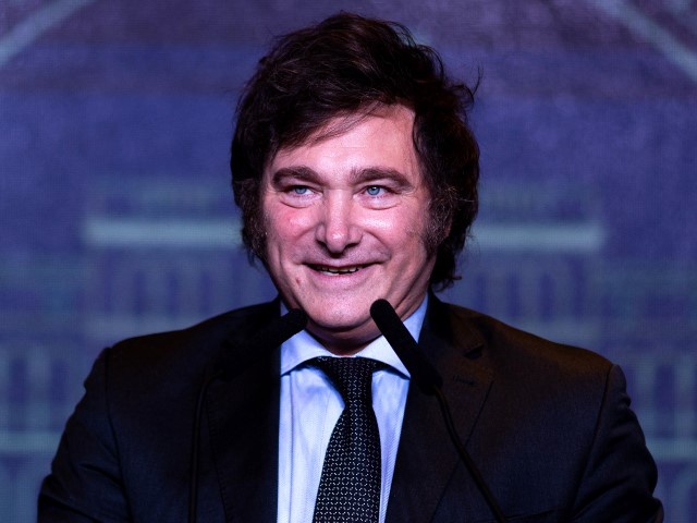 Newly elected President of Argentina Javier Milei of La Libertad Avanza speaks after the polls closed in the presidential runoff on November 19, 2023, in Buenos Aires, Argentina. According to official results, Javier Milei of La Libertad Avanza reached 55,69% of the votes and Sergio Massa of Union Por La Patria 44,30%, with 99,25 of the votes counted. The presidential election runoff to succeed Alberto Fernandez comes as Argentinians have been hard hit by an annual 142,7% inflation. (Tomas Cuesta/Getty)