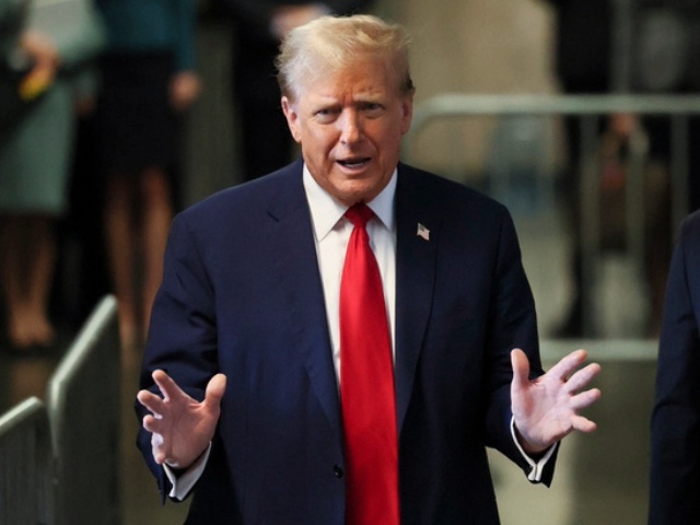 Republican presidential candidate and former President Donald Trump talks to reporters at Manhattan state court in New York, Monday, April 23, 2024. (Brendan McDermid/Pool Photo via AP)