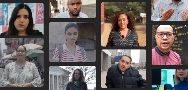 Collage of Amnesty researchers in different scenes and settings.