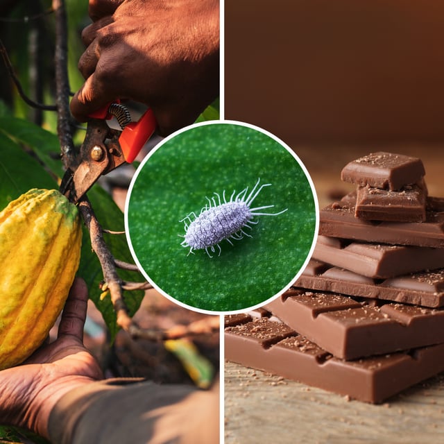 Stock images of a cacao tree (left), chocolate (right) and a mealybug (center). A virus spread by mealybugs is decimating cacao trees, risking chocolate supplies.