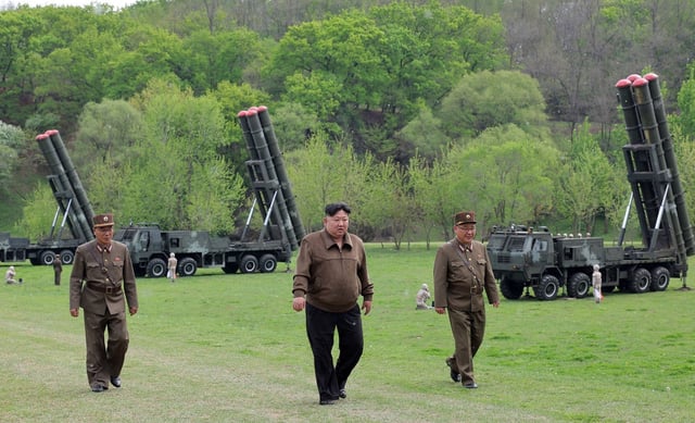 A photo released by KCNA on April 23 shows North Korean leader Kim Jong-un (centre) during a missile drill at an undisclosed location. Photo: KCNA/KNS/dpa