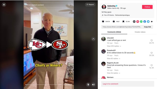 A screenshot of US President Joe Biden’s first video on his campaign’s TikTok account.