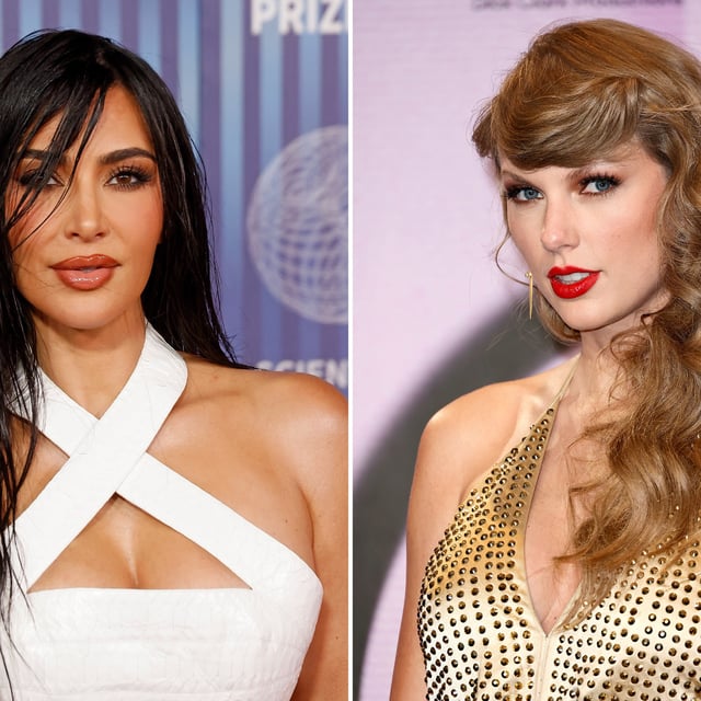 Left: Kim Kardashian attends the 2024 Breakthrough Prize Ceremony at Academy Museum of Motion Pictures on April 13, 2024 in Los Angeles, California. Right: Taylor Swift during the 2022 American Music Awards on November 20, 2022 in Los Angeles, California. The pair first fell out in 2016, when Kardashian became involved in Swift's feud with her then-husband, Kanye West.