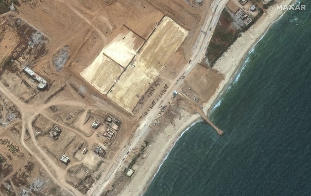 This satellite photo taken April 23, 2024, shows where a pier that will transport humanitarian aid is being constructed in Gaza.