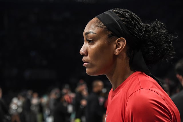 A'ja Wilson #22 of the Las Vegas Aces before the game against the New York Liberty during Game 4 of the 2023 WNBA Finals on Oct. 18, 2023 at Barclays Center in Brooklyn, N.Y.
