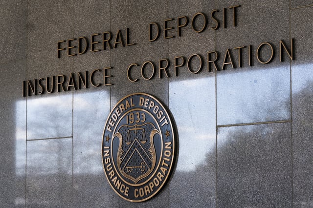 The Federal Deposit Insurance Corporation (FDIC) seal is shown outside its headquarters, March 14, 2023, in Washington. Regulators have closed Republic First Bank, a regional lender operating in Pennsylvania, New Jersey and New York. The FDIC said Friday, April 26, 2024, it had seized the Philadelphia-based bank, which had roughly $6 billion in assets and $4 billion in deposits as of Jan. 31. (AP Photo/Manuel Balce Ceneta, File)