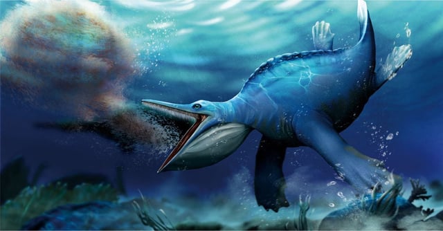 Artist's reconstruction shows the Triassic Period marine reptile Hupehsuchus nanchangensis, based on fossils unearthed in China's Hubei Province. Hupehsuchus is believed to have been a filter-feeder, akin to some of today's baleen whales. Shi Shunyi and Long Cheng/Handout via REUTERS  NO RESALES. NO ARCHIVES. THIS IMAGE HAS BEEN SUPPLIED BY A THIRD PARTY.